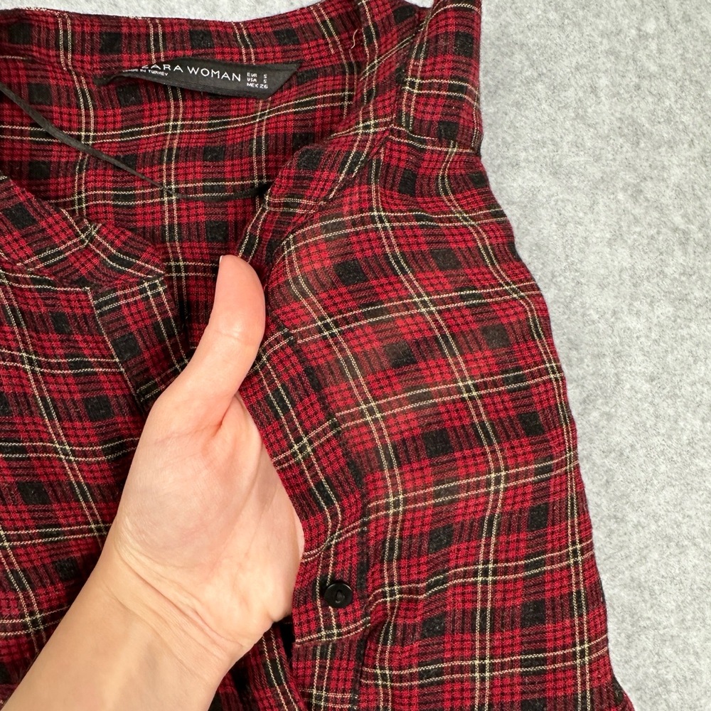 Zara Blouse Womens S Plaid Long Sleeve V Neck Semi Sheer Oversized High Low - Picture 9 of 11